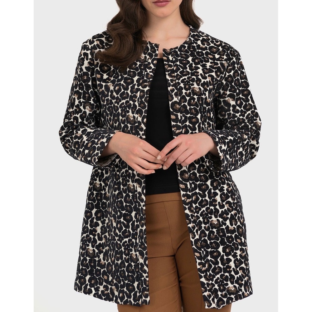 Joseph‎ Ribkoff Print Open Front black tan Jacket Animal leopard 2 boho retro